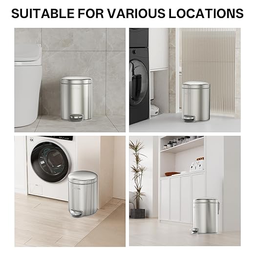 mVm Trash Can Set 3.2 Gallon(12L)+0.8 Gallon(3L) Kitchen Bathroom Trash Cans Combo Step Round Brushed Stainless Steel Garbage Can with Lid Anti-FingerprintSoft-Closefor Home Office(Silver)