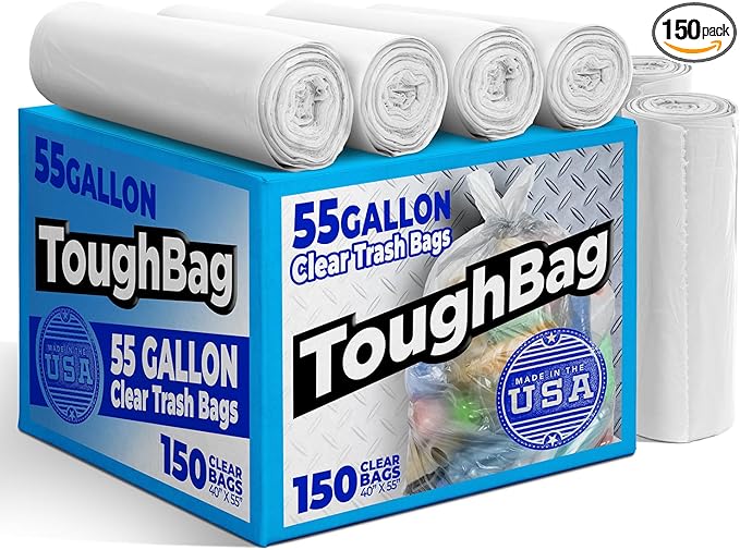 ToughBag 55 Gallon Clear Trash Bags (150 COUNT) – Large Clear Trash Bags 55-60 Gallon Heavy Duty Can Liners - Made in USA