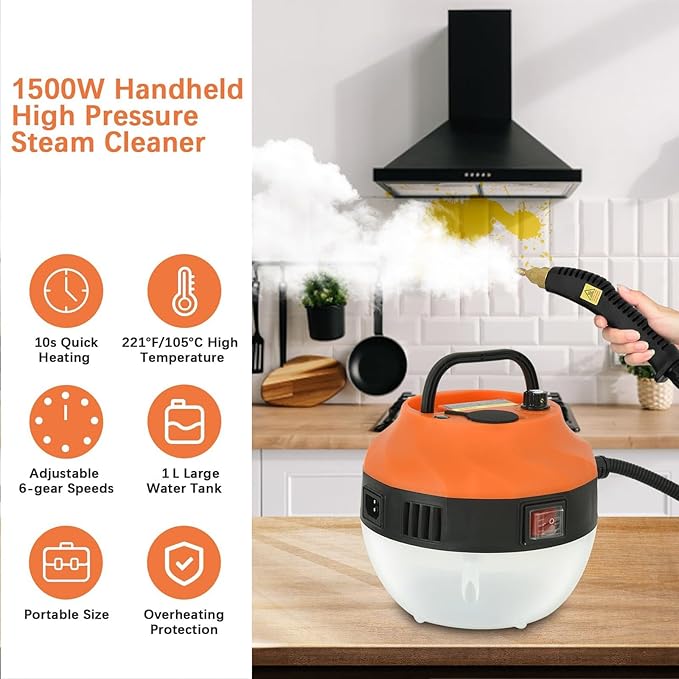 Handheld Steam Cleaner 1500W High Pressure 6 Adjustable Speeds High Temperature Multifunctional Cleaning for Kitchen and Bathroom