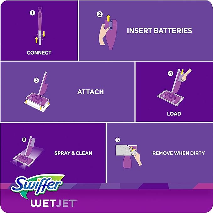 Swiffer Wet Jet Mop Floor Cleaner for Mopping Wood Laminate Tile in Home Bathroom Kitchen All Purpose Multi-Surface Cleaning Set includes 1 Spray Mop 5 Pads Refill 1 Fresh Scent Solution