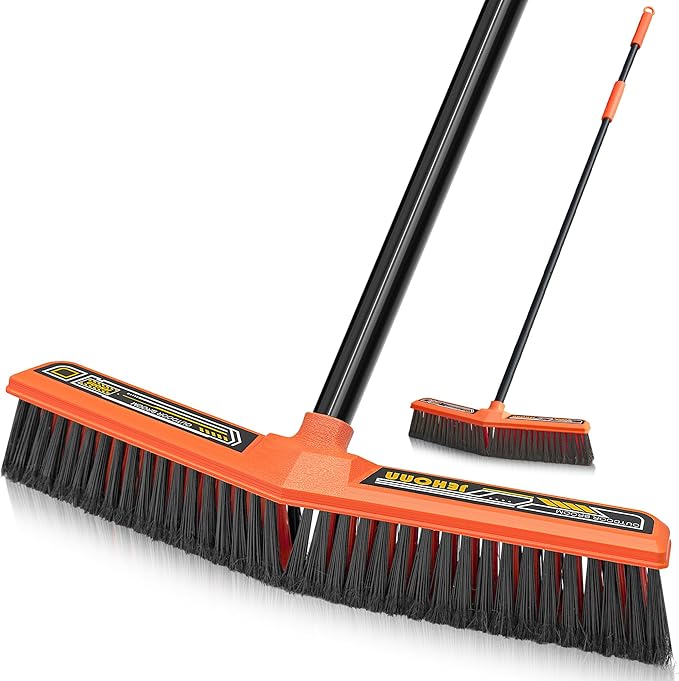 JEHONN Push Broom Outdoor Heavy Duty 15.7 inches V-Shaped Stiff Bristle Commercial Industrial Brush with 61” Long Handle for Garage Warehouse Shop Garden Patio Driveway Yard Street Deck (Orange)