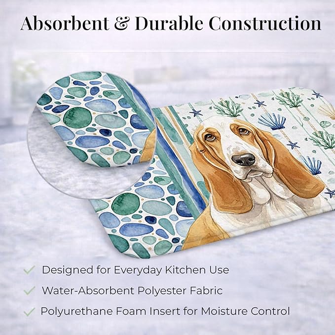 Caroline's Treasures Lemon and White Basset Hound Coastal Sea Glass Dish Drying Mat Absorbent Dish Drying Mat Pad for Kitchen Counter Dish Drainer Mat for Countertop 14 x 21 Multicolor