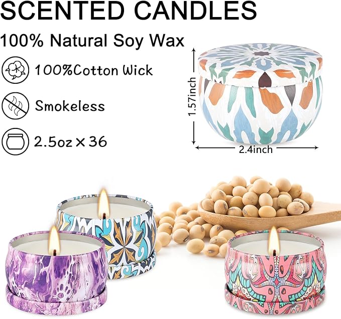 36 Pack Scented Candles Set for Home Relaxing Stress Relief Aromatherapy - Natural Soy Wax and Fragrance - Gifts for Women Mom Best Friend Wife Birthday