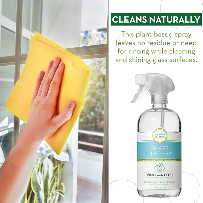 CLEAN+GREEN VinegarTech Glass Cleaner Spray - Cleaning Vinegar- Vinegar For Cleaning Purpose - Glass Cleaner Window Cleaner Bathroom Glass Cleaner- Spray Cleaner for House Supplies- 24 Fl Oz