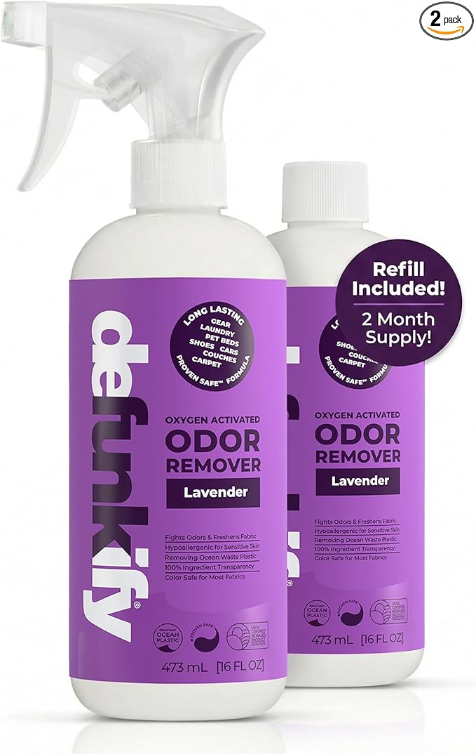 Fabric Freshener Spray 32oz. 'Lavender' Odor Remover Spray. Shoe Deodorizer Carpet Deodorizer Odor Eliminator for Strong Odors Cleaning Supplies. ProvenSafe™ Fabric Freshener for Sensitive Gear