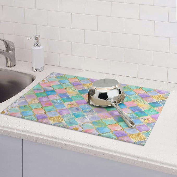 Absorbent Dish Drying Mat For Kitchen Counter Rainbow Morocco Microfiber Dish Drying Pad 18x24 Inch Kitchen Gadgets For Easy Clean Multi-Use