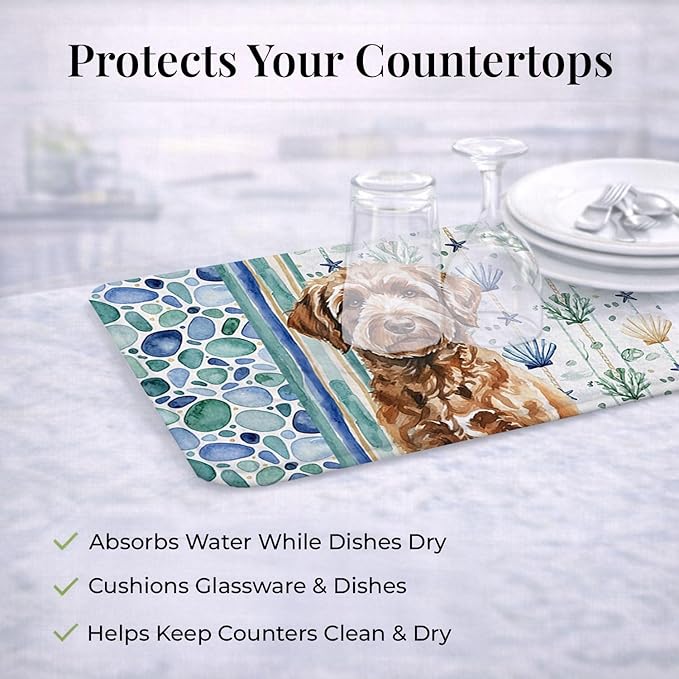Caroline's Treasures Chocolate Labradoodle Coastal Sea Glass Dish Drying Mat Absorbent Dish Drying Mat Pad for Kitchen Counter Dish Drainer Mat for Countertop 14 x 21 Multicolor