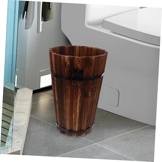 NUOBESTY Rustic Wooden Trash Can Sized Waste Basket with Handle for Bedroom Living Room Office Versatile Storage for Home