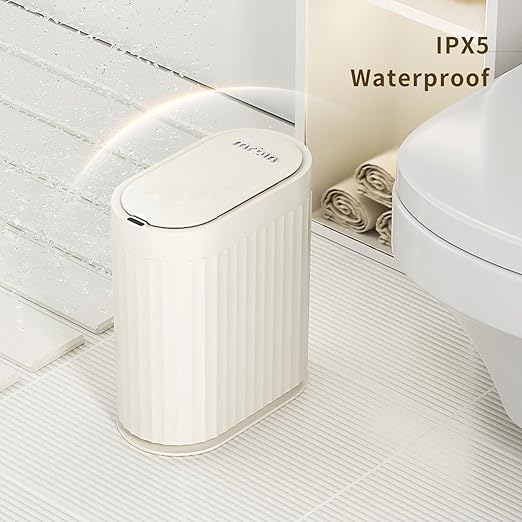 MRBIN Small Trash Can for Bathroom Automatic Touch Less Garbage Bin with Lid 2 Gallon Plastic Slim Waste Basket for Office and Kitchen Electric Motion Sensor Bedroom Bin Cream White