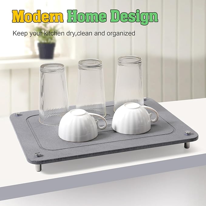 CSD Quick Drying Stone Mat for Kitchen Counter - Super Absorbent &amp Non Slip Dish Drying Mats - Diatomaceous Earth Sink Tray Mat - Drying Pad - 15.7 × 11.8 Inches