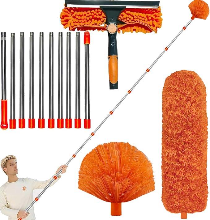 20+ Feet High Reach Dusting Kit with 3-14 ft Extension Pole //2 in 1 Window Cleaning Kit // High Ceiling Duster // Cobweb Microfiber Duster // Outdoor &amp Indoor Extendable Duster Cleaning Kit