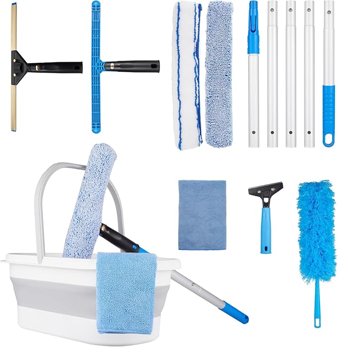 Window Cleaning KitSwivel Squeegee &amp Scrubber with Extension PolesFoldable BucketBlendable Duster2 Scrubber Pads &amp Cleaning Cloth Glass Scraper Cleaning Tool Kit for Window Glass Mirror C