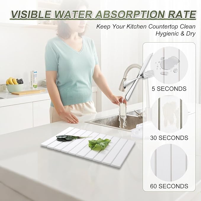 Dish Drying Mat Large Stone Dish Drying Mat For Kitchen Counter Collapsible Quick-Drying Sleek Diatomaceous Versatile Stone Drying Mats For Cups Dishes Bottles Marble (white 16''X24'')