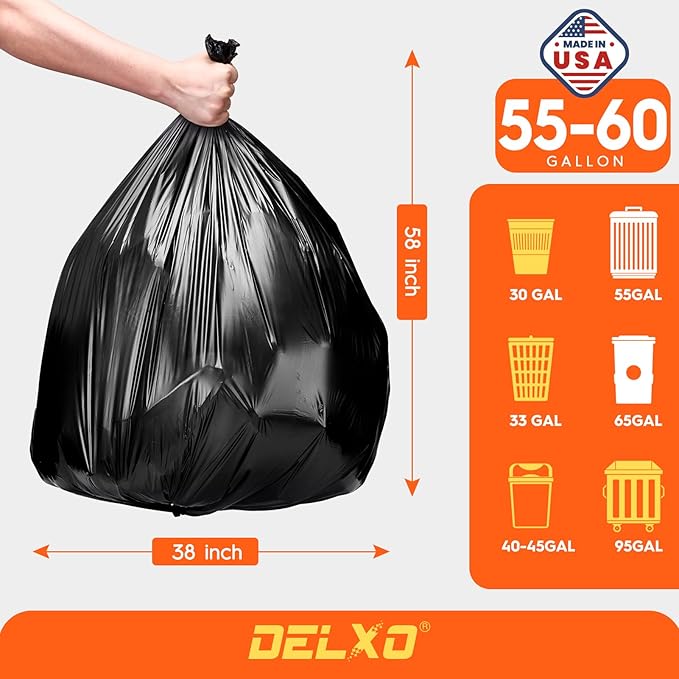 Delxo 55-60 Gallon Trash Bags 100 Count – 0.9 Mil Medium Duty Garbage Bags Durable &amp Puncture-Resistant Plastic Bolsas para basura Perforated Design– Made in USA for Kitchen Yard Office (Blac