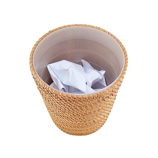 Rattan Bathroom Wastebasket - Natural Woven Trash Can with Liner Water-Resistant Design for Bathroom Bedroom or Office Boho Home Decor