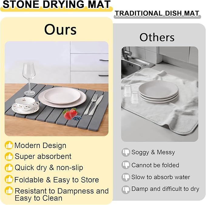 2 Pcs Large Stone Dish Drying Mat For Kitchen Counter 24×16 Collapsible Quick Stone Dry Dish Mat Absorbent Diatomaceous Earth Mats For Bottles Cups Match Any Countertop (Dark Gray 2 24 x 16)