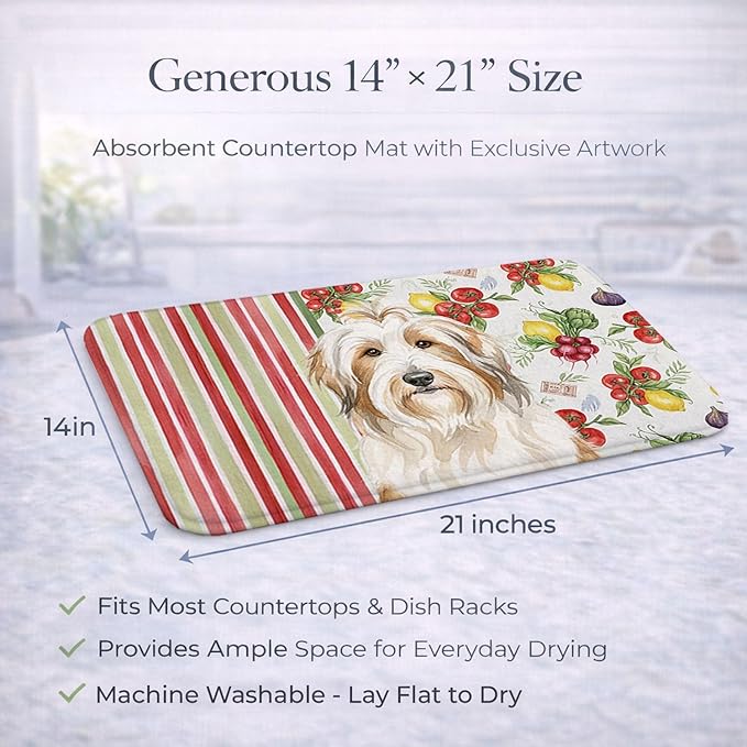 Caroline's Treasures White and Tan Bearded Collie Vegetables Dish Drying Mat Absorbent Dish Drying Mat Pad for Kitchen Counter Dish Drainer Mat for Countertop 14 x 21 Multicolor