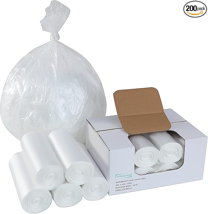 TYPLASTICS 55 Gallon Clear Trash Can Liners - 36 x 60 - High Density Garbage Bags - Case of 200 - Multipurpose for Office Outdoor Recycling Industrial and Commercial