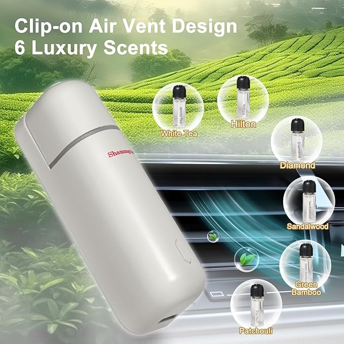 Car Air Freshener Diffuser Motion Sensor Waterless Essential Oil Diffuser for Car USB Rechargeable Air Freshener with 6 Refill Scent（Hilton/Sandwood/WhiteTea/Diamond/GreenBamboo/Pachuli