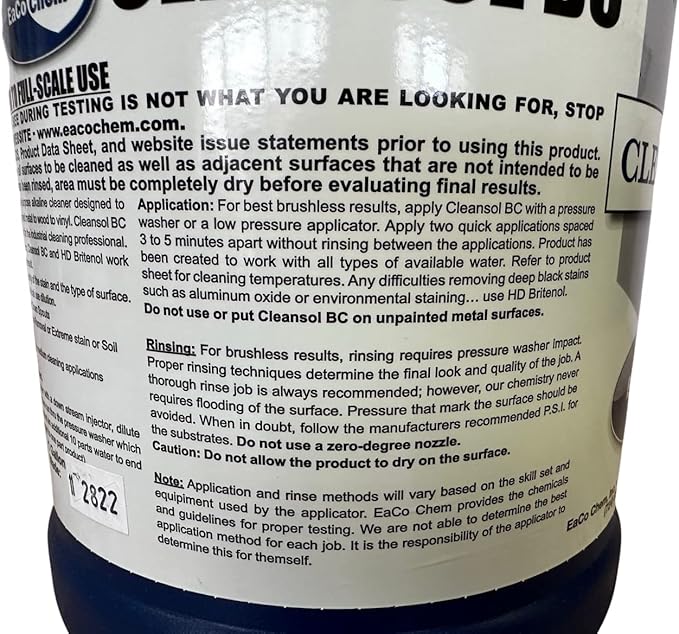 EaCo Chem Cleansol BC - Brushless Oxidation and Soil Remover for Most Surfaces - Highly Dilutable All-Purpose Cleaner - Remove Deep Staining from Painted Metal Wood Vinyl + More! - 5 GALLON