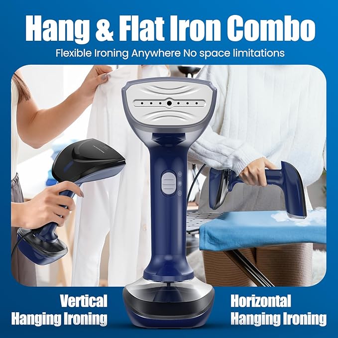 Powerful Handheld Fabric Steamer - 1800W with Fast Ceramic Heat-Up Plate 2-in-1 Ironing &amp Wrinkle Remover Steam Nozzle Lint Brush - Blue for US 120V Only