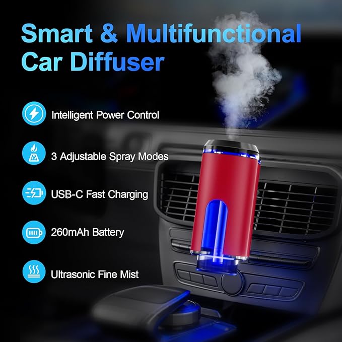 Smart Car Air Freshener Diffuser – Auto On/Off Aromatherapy Diffuser with 3 Scent Modes USB Rechargeable Vent Clip 6 Essential Oil Refills Included – Long-Lasting Fragrance Car Decor &amp Gift