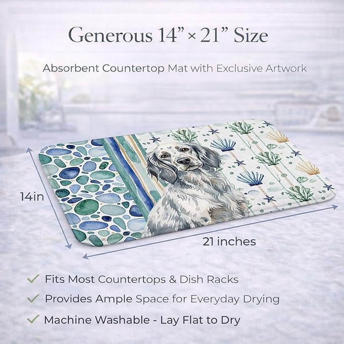 Caroline's Treasures Blue Belton English Setter Coastal Sea Glass Dish Drying Mat Absorbent Dish Drying Mat Pad for Kitchen Counter Dish Drainer Mat for Countertop 14 x 21 Multicolor