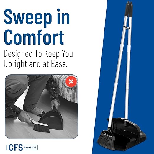 Carlisle FoodService Products Duo-Pan Upright Dust Pan and Broom Set with Adjustable Broom Head for Floor Cleaning Restaurants and Janitorial Use 36 x 11.8 x 41 Inches Black (Pack of 4)