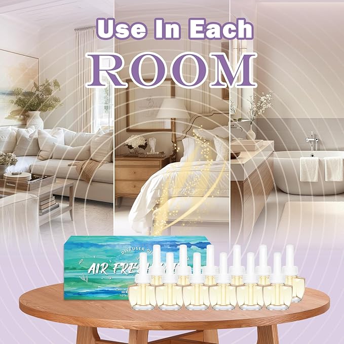Plug In Air Fresheners for Home – 12 Pack Scented Refills with 1 Plug In Warmer – Linen Lavender Vanilla Long Lasting Fresh Air Freshener Odor Eliminator for Bathroom Room House