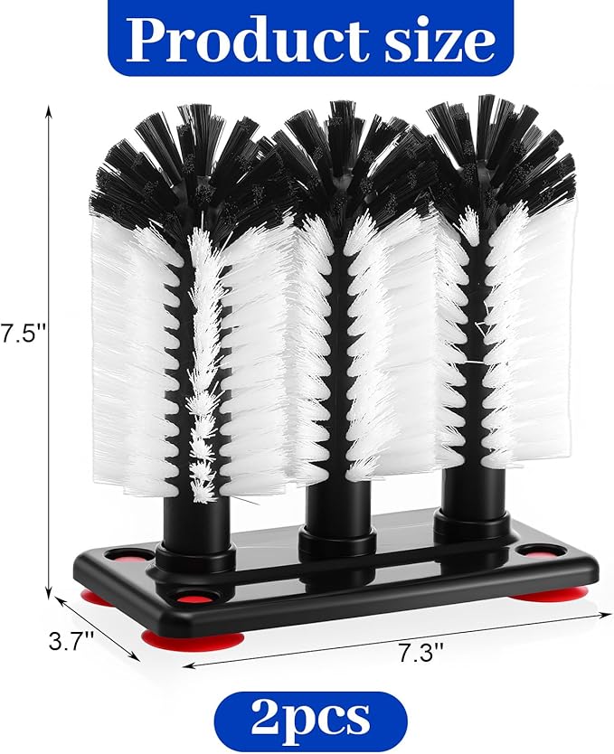 2 Pack Water Bottle Cleaning Brush with 3 Brushe Heads &amp Suction BaseGlass Cup Washer for Sink Bar Beer Cup Wine Glass（7.3 x 3.7 x 7.5 inch）