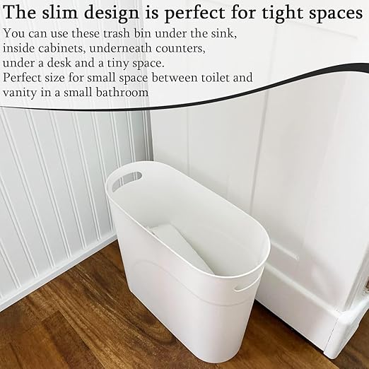 3 Pack Narrow Office Trash Can 3.2 Gallon Slim Waste Basket Plastic Bathroom Wastebasket Slim Garbage Can Container Bin with Handle for Narrow Spaces Bathroom Bedroom Kitchen Office at Home White