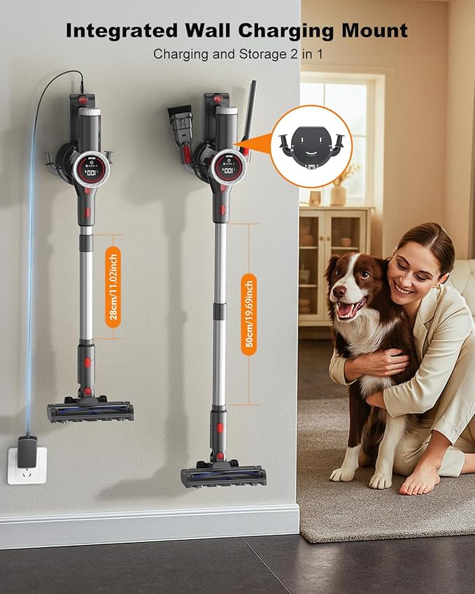 Cordless Vacuum Cleaner Stick Vacuum Rechargeable 550W 45KPA Powerful Suction Lightweight Vacuum Cleaners for Home Anti-Tangle Self Standing for Pet Hair Hardwood Floor Carpet - Sliver