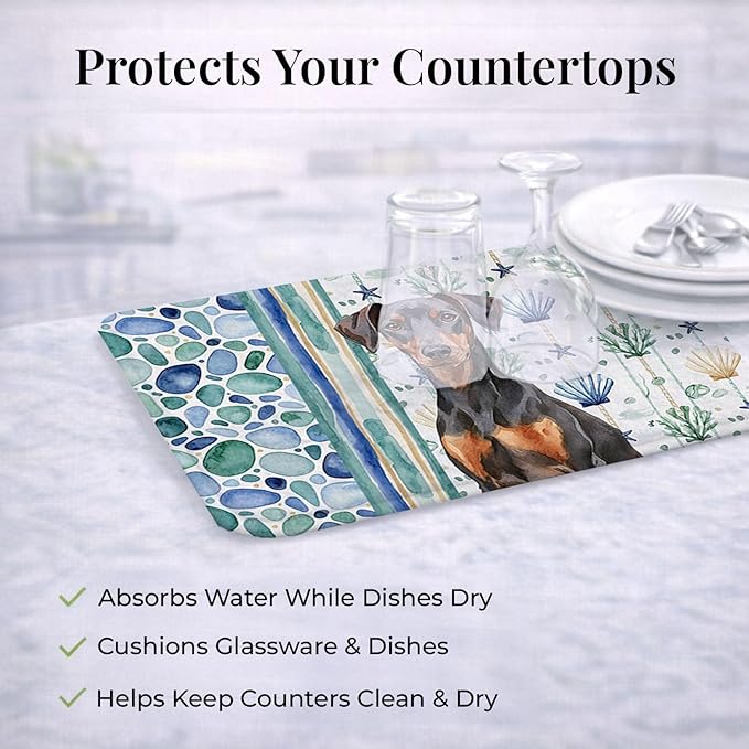 Caroline's Treasures German Pinscher Coastal Sea Glass Dish Drying Mat Absorbent Dish Drying Mat Pad for Kitchen Counter Dish Drainer Mat for Countertop 14 x 21 Multicolor