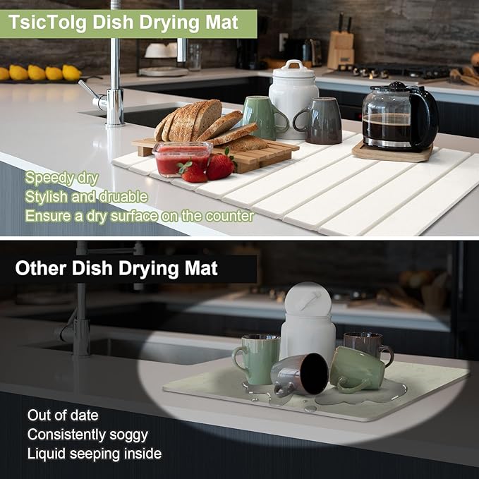 White Stone Drying Mat for Kitchen Counter Foldable 24 x 16 Diatomaceous Earth Dish Drying Mat Quick-Dry and Absorbent Mat for Dishes Bottles Cups Bathroom or Countertops