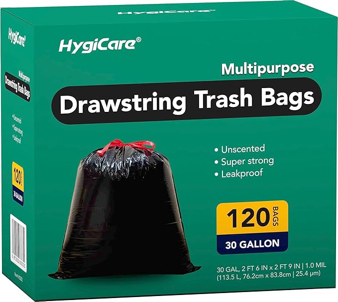 Ultra Strong 30 Gallon Trash Bags Unscented 120 Count Drawstring Garbage Bags Pre-Separated Eco-friendly Materials Leakproof Sturdy Black