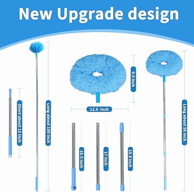 Ceiling Fan Cleaner Duster &amp Cobweb Duster with Extension Pole 15 -100 Reusable Microfiber Ceiling Fan Blade Cleaner Removable Duster (Blue) for Cleaning High Ceiling Fan Interior Roof Spider We