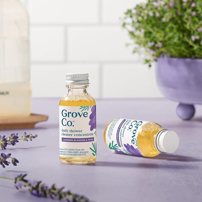 Grove Co. Daily Shower Cleaner Refill Concentrate (2 x 1 Fl Oz) + 1 x Reusable Glass Spray Bottle (16 Oz) Plant-Based Cleaning Supplies Reduced Plastic Lavender Blossom &amp Thyme Fragrance