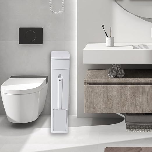 Slim Bathroom Trash CanBathroom Trash Can with Toilet Brush and Holder Set 4.5 Liter / 1.2 Gallon Press-Type Plastic Garbage Can Slim Rectangular Trash Bin for Toilet