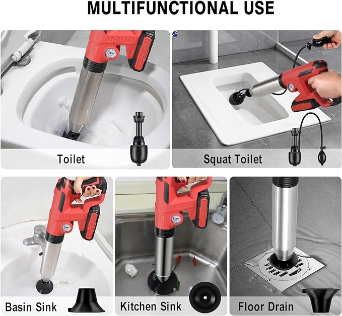 Electric Toilet Plunger with 2 batteriesDrain Clog Remover ToolsHigh Pressure Air Toilet Plungers Heavy Duty Plunger For ToiletBathroomFloor DrainSewerPipeRED