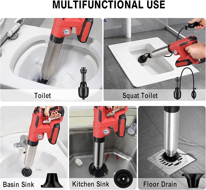 Electric Toilet PlungerDrain Clog Remover ToolsHigh Pressure Air Toilet Plungers Heavy Duty Plunger For ToiletBathroomFloor DrainSewerPipeRED