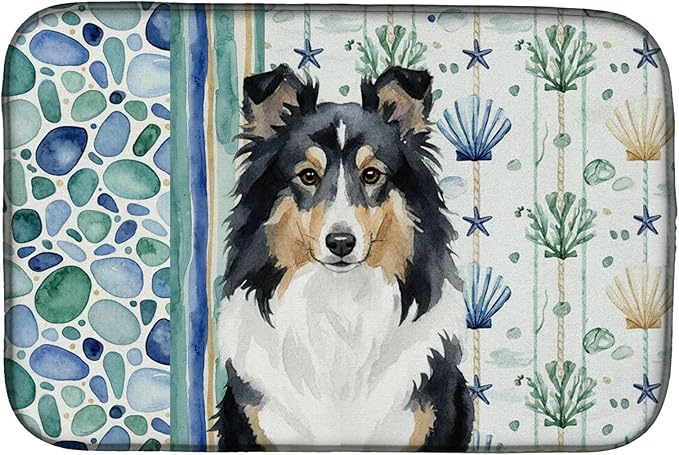 Caroline's Treasures Tricolor Sheltie Coastal Sea Glass Dish Drying Mat Absorbent Dish Drying Mat Pad for Kitchen Counter Dish Drainer Mat for Countertop 14 x 21 Multicolor
