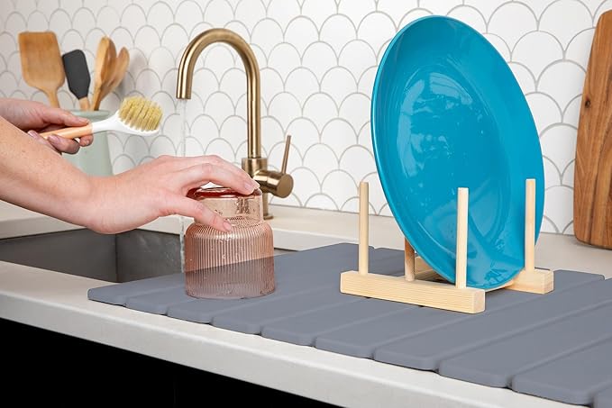 HavenMat – Large Stone Dish Drying Mat (24”x16”) with Bamboo Rack &amp Brush | Quick-Dry Diatomite Counter Mat for Dishes Glassware Plants &amp Pets | Grey Kitchen Drying Stone (Grey)
