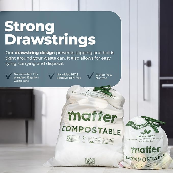 Matter Compostable Variety Pack 3 Gallon and 13 Gallon Kitchen Trash Bags with Drawstring Unscented Durable Leak-Resistant Eco-Friendly 70 Count