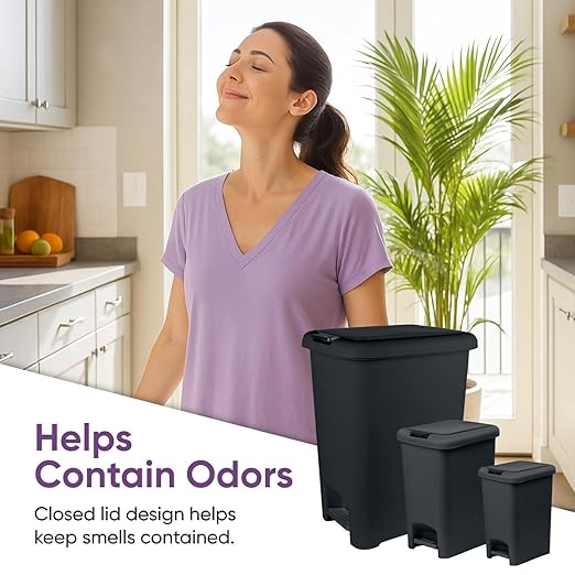 Superio 6.5L 10L and 48L Slim Step &amp Push Trash Cans - 3 Pack Dual Opening Smooth Matte Finish Durable Plastic - Black