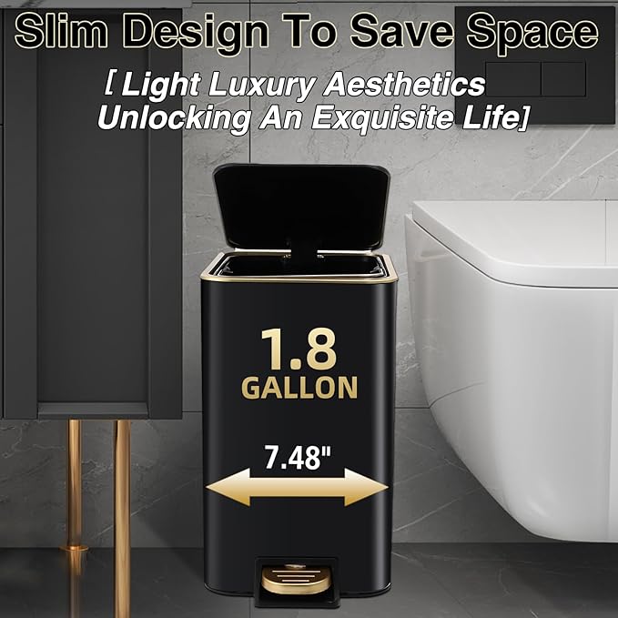 Small Bathroom Trash Can with Lid Soft Close 1.8 Gallon Stainless Steel Garbage Can with Removable Inner Bucket3PCS Soap Dispenser75Count Trash Bag Slim Step Pedal Trash Bins