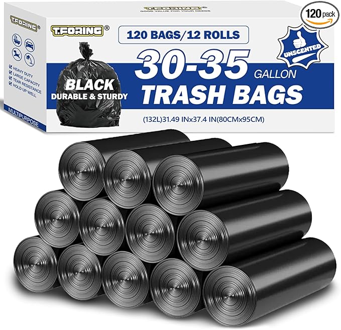 30-35 Gallon Black Trash Bags 120 Count - 32 x 37 Large Garbage Bags 30+ Gallon Strong Trash Can Liners for Home Commercial UseYard Waste Bulk