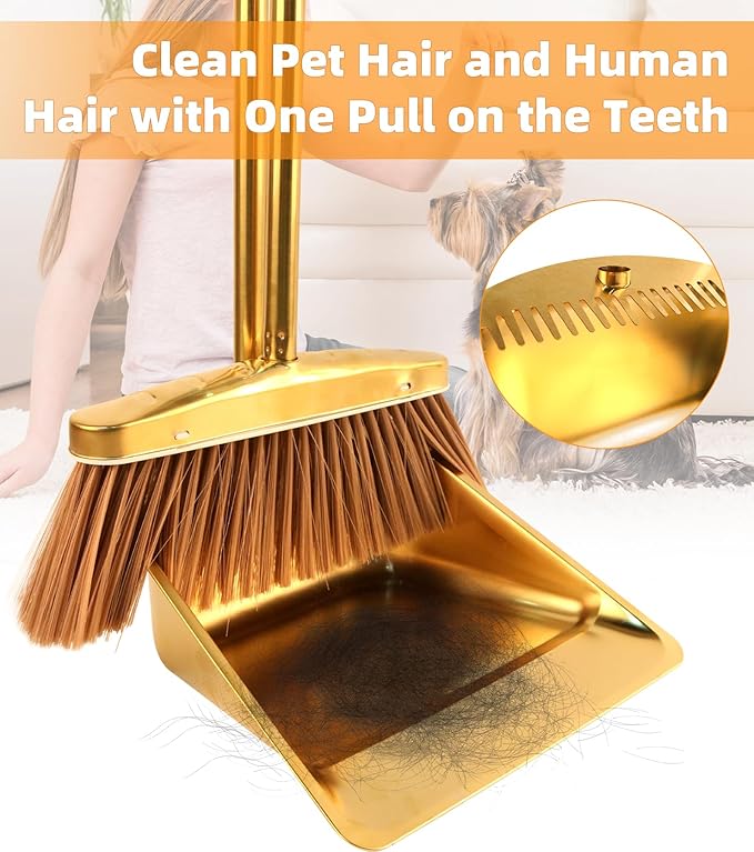 Gold Stainless Steel Broom and Dustpan Set 2-Piece Long Handle Standing Pan with Comb Teeth Heavy Duty Windproof Upright Design for Home Kitchen Indoor Outdoor Use