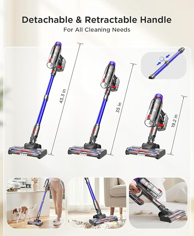 Cordless Stick Vacuum Cleaner for Home: Power Suction Vacuum Tangle-Free Lightweight Design &amp 2600mAh Detachable Battery Up to 50mins Runtime for Pet Hair Carpet Hardwood Floor