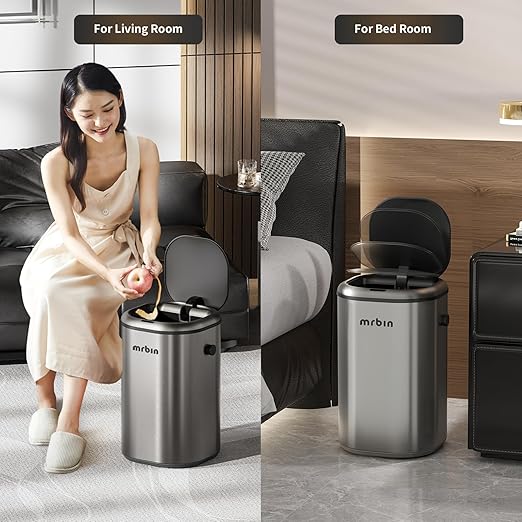 MRBIN Stainless Steel Adsorption Motion Sensor Trash Can Removable 18L / 4.8gal Automatic Absorbing Bag Lidded Garbage Bin with Wheels Waste Basket for Kitchen Bathroom Eclipse Grey