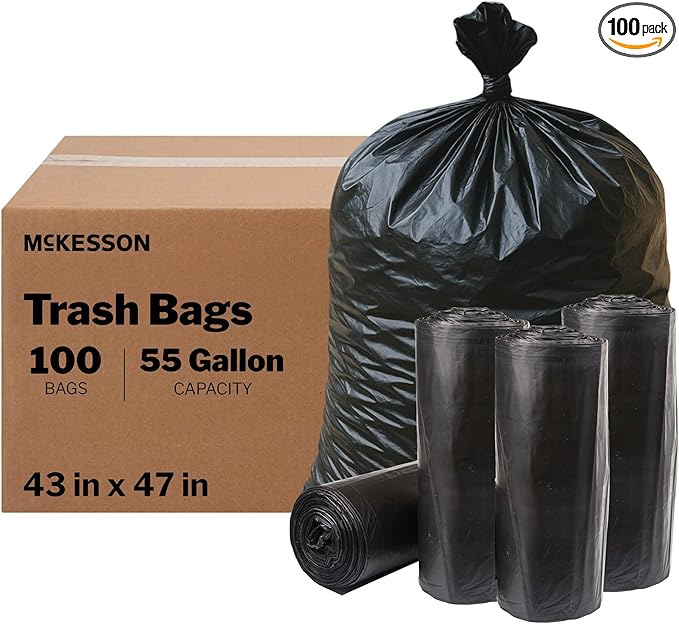 McKesson 55 Gallon Trash Bags - 100 Count 43 x 47 Black Garbage Bags Heavy Duty 1.5 Mil with Star-Sealed Bottom Large Trash Can Liners for Commercial Use Coreless Rolls